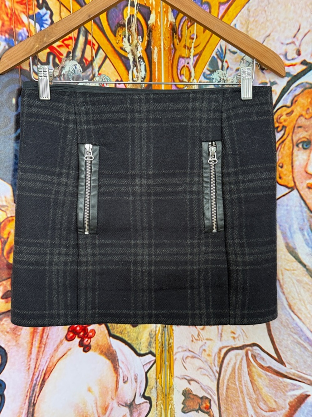 Maje Black Plaid Mini Skirt with Silver Zips